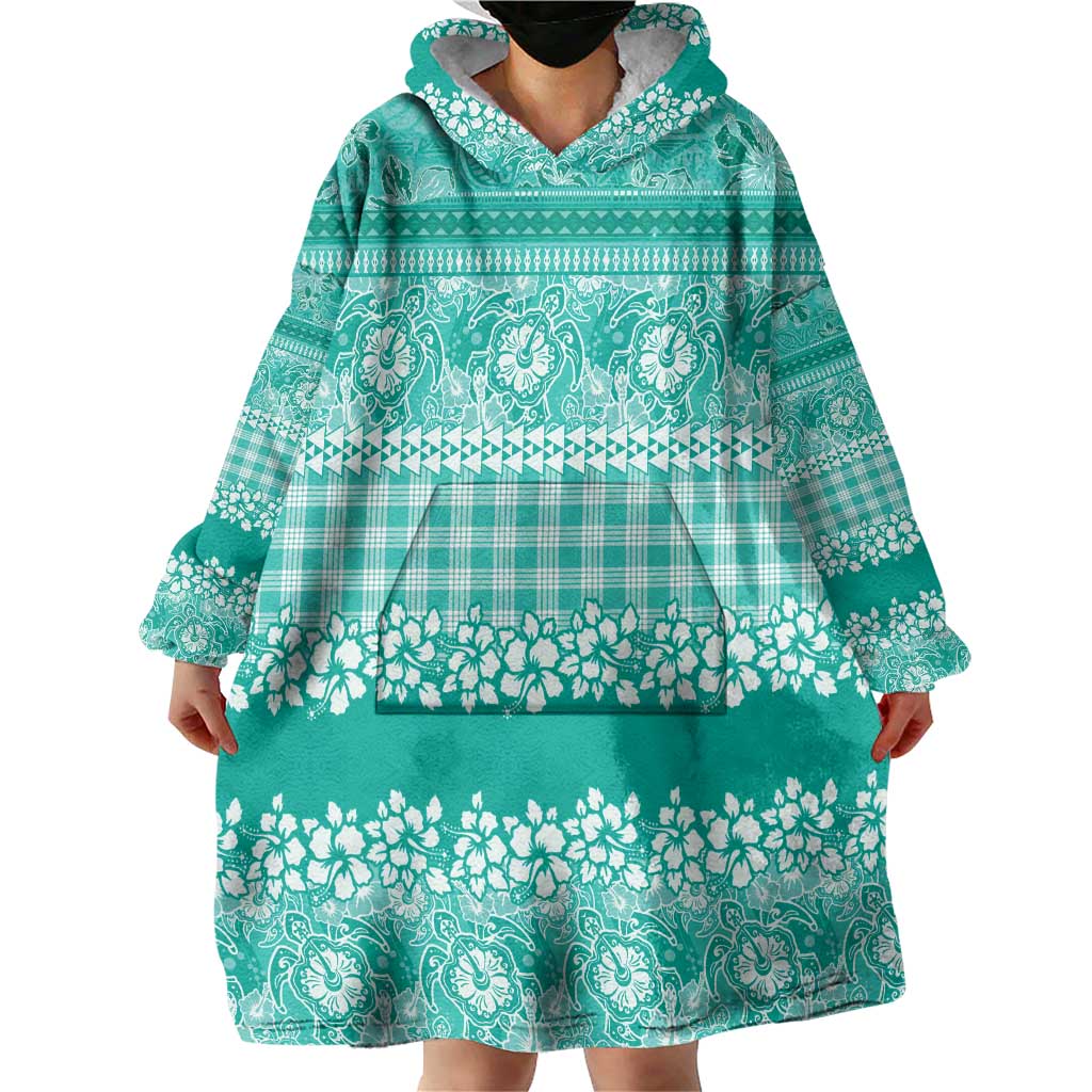 Hawaiian Hibiscus Honu Wearable Blanket Hoodie Turquoise Mele Kalikimaka Palaka Spirit - Polynesian Pride