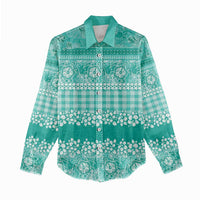 Hawaiian Hibiscus Honu Women Casual Shirt Turquoise Mele Kalikimaka Palaka Spirit - Polynesian Pride