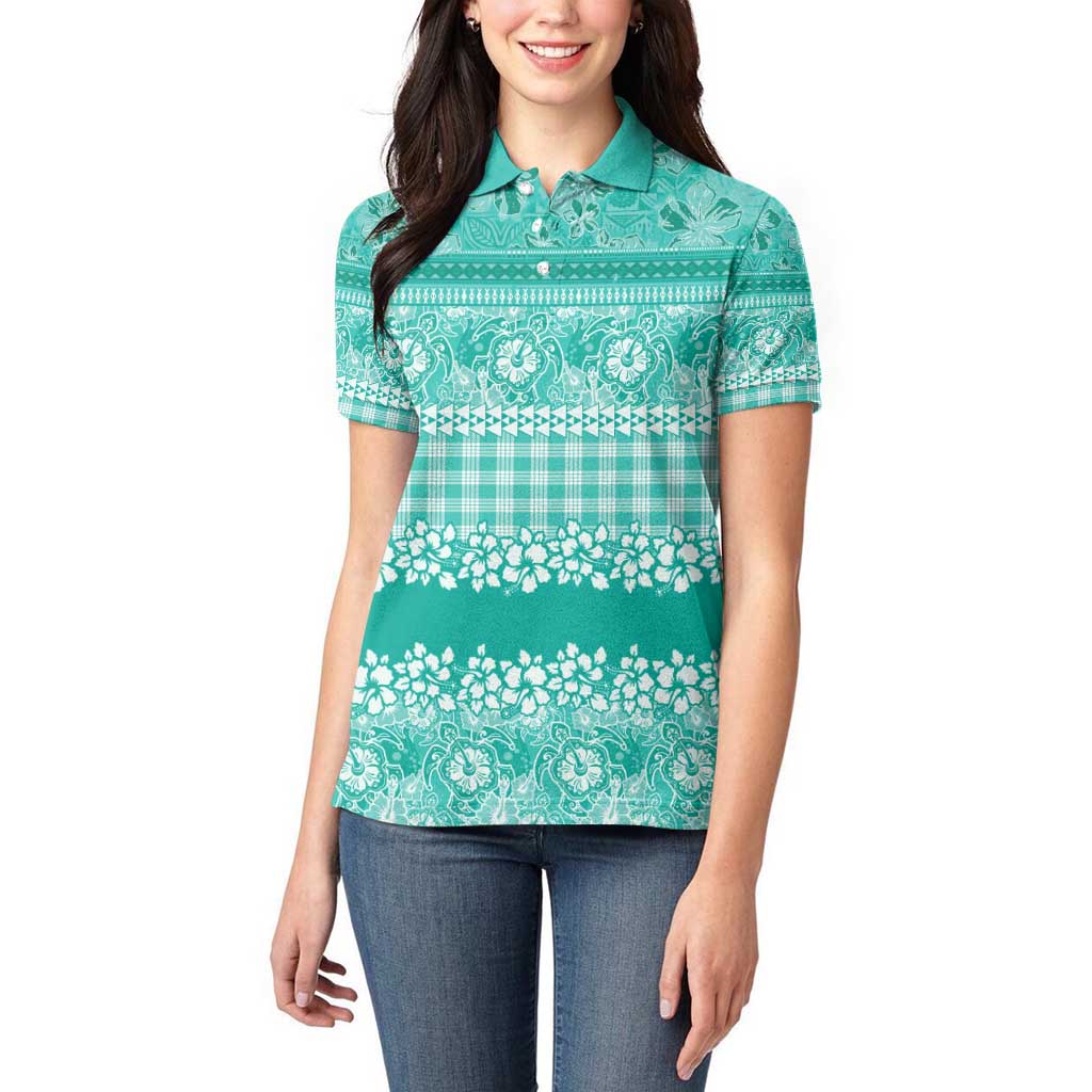 Hawaiian Hibiscus Honu Women Polo Shirt Turquoise Mele Kalikimaka Palaka Spirit - Polynesian Pride