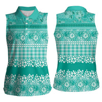 Hawaiian Hibiscus Honu Women Sleeveless Polo Shirt Turquoise Mele Kalikimaka Palaka Spirit - Polynesian Pride