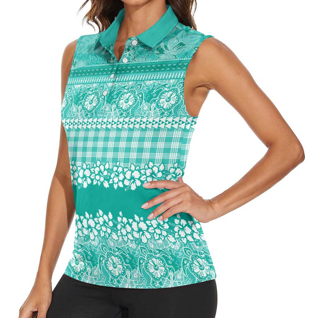 Hawaiian Hibiscus Honu Women Sleeveless Polo Shirt Turquoise Mele Kalikimaka Palaka Spirit - Polynesian Pride