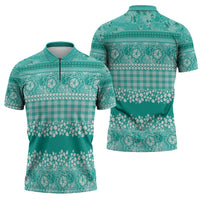 Hawaiian Hibiscus Honu Zipper Polo Shirt Turquoise Mele Kalikimaka Palaka Spirit - Polynesian Pride