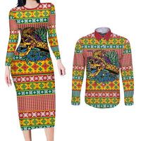 Hawaiian Pineapples Skull Couples Matching Long Sleeve Bodycon Dress and Long Sleeve Button Shirt Mele Kalikimaka Palaka Quilt Pattern - Polynesian Pride