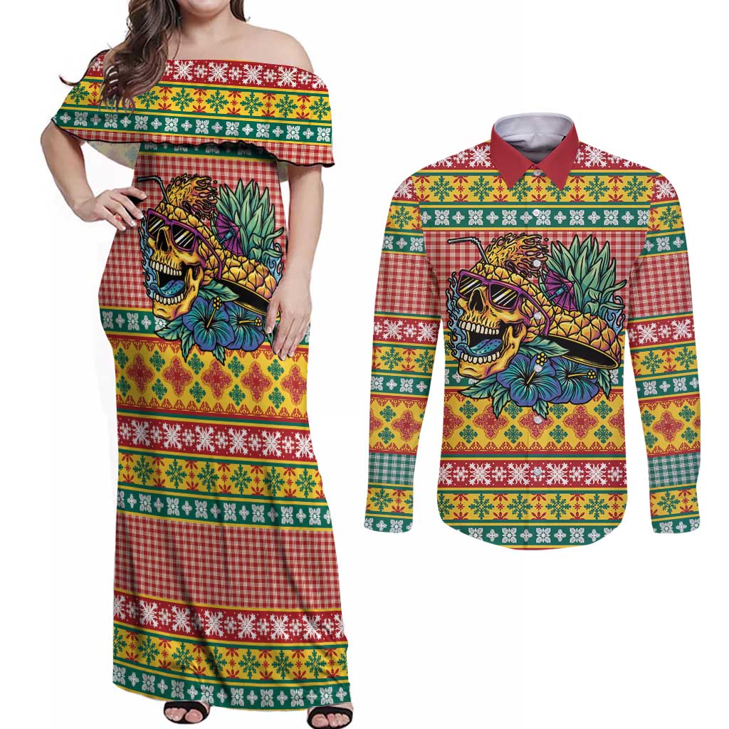 Hawaiian Pineapples Skull Couples Matching Off Shoulder Maxi Dress and Long Sleeve Button Shirt Mele Kalikimaka Palaka Quilt Pattern - Polynesian Pride