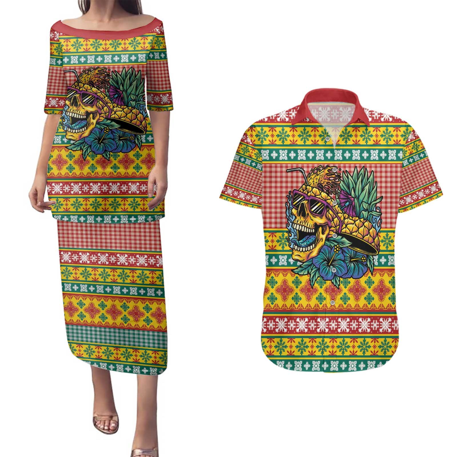 Hawaiian Pineapples Skull Couples Matching Puletasi and Hawaiian Shirt Mele Kalikimaka Palaka Quilt Pattern - Polynesian Pride