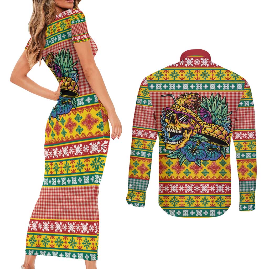 Hawaiian Pineapples Skull Couples Matching Short Sleeve Bodycon Dress and Long Sleeve Button Shirt Mele Kalikimaka Palaka Quilt Pattern - Polynesian Pride