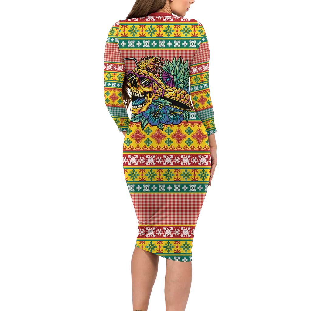 Hawaiian Pineapples Skull Family Matching Long Sleeve Bodycon Dress and Hawaiian Shirt Mele Kalikimaka Palaka Quilt Pattern - Polynesian Pride