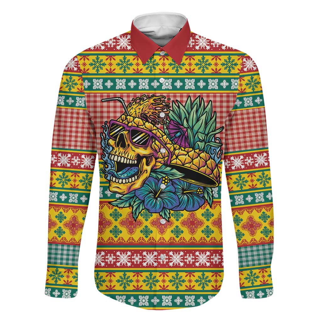 Hawaiian Pineapples Skull Family Matching Puletasi and Hawaiian Shirt Mele Kalikimaka Palaka Quilt Pattern LT9 Dad's Shirt - Long Sleeve Yellow - Polynesian Pride