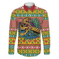 Hawaiian Pineapples Skull Family Matching Puletasi and Hawaiian Shirt Mele Kalikimaka Palaka Quilt Pattern LT9 Dad's Shirt - Long Sleeve Yellow - Polynesian Pride