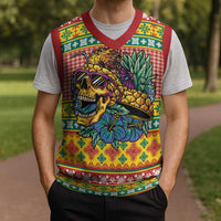 Hawaiian Pineapples Skull Christmas Knitted V-Neck Vest Mele Kalikimaka Palaka Quilt Pattern - Polynesian Pride