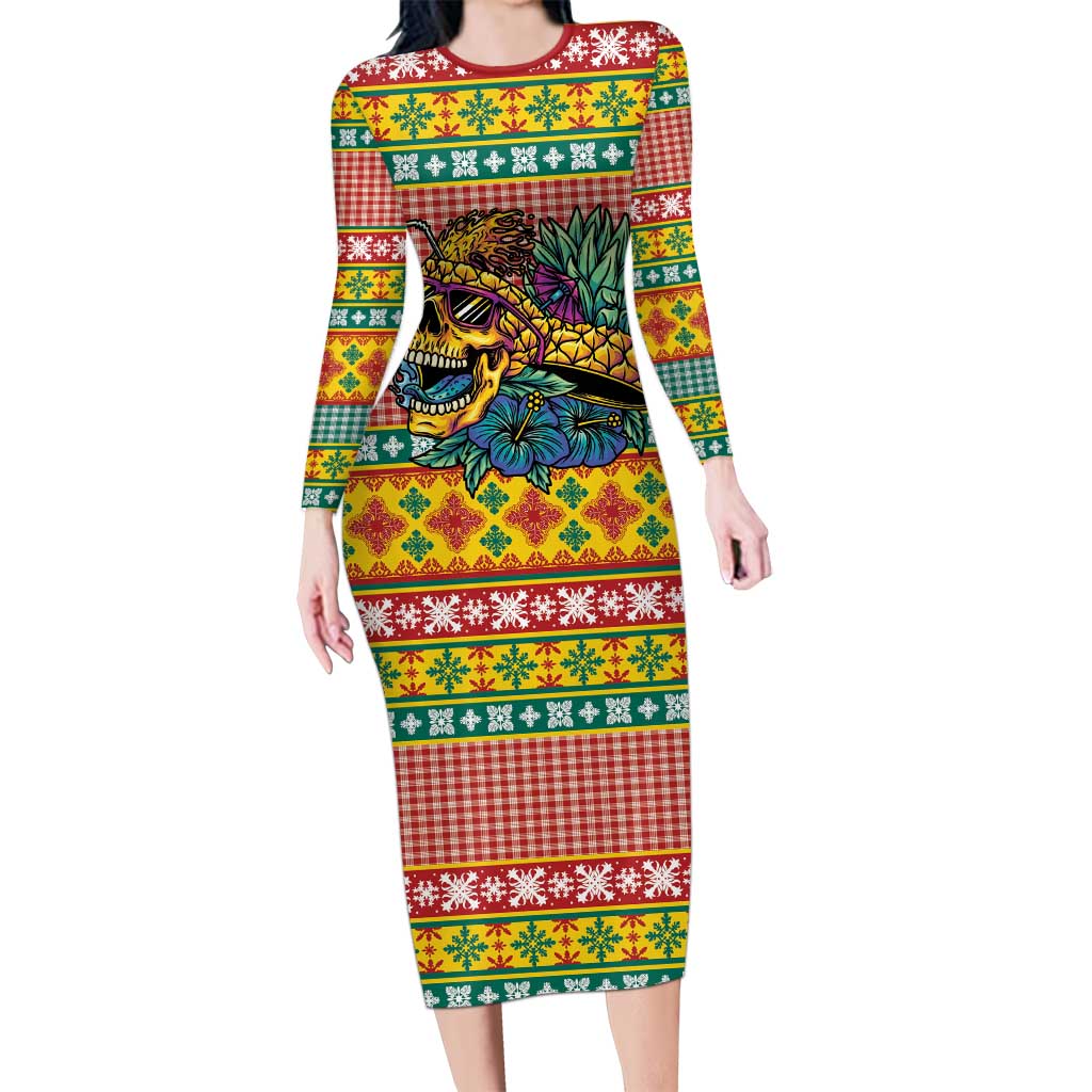 Hawaiian Pineapples Skull Long Sleeve Bodycon Dress Mele Kalikimaka Palaka Quilt Pattern - Polynesian Pride