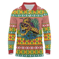 Hawaiian Pineapples Skull Long Sleeve Polo Shirt Mele Kalikimaka Palaka Quilt Pattern - Polynesian Pride