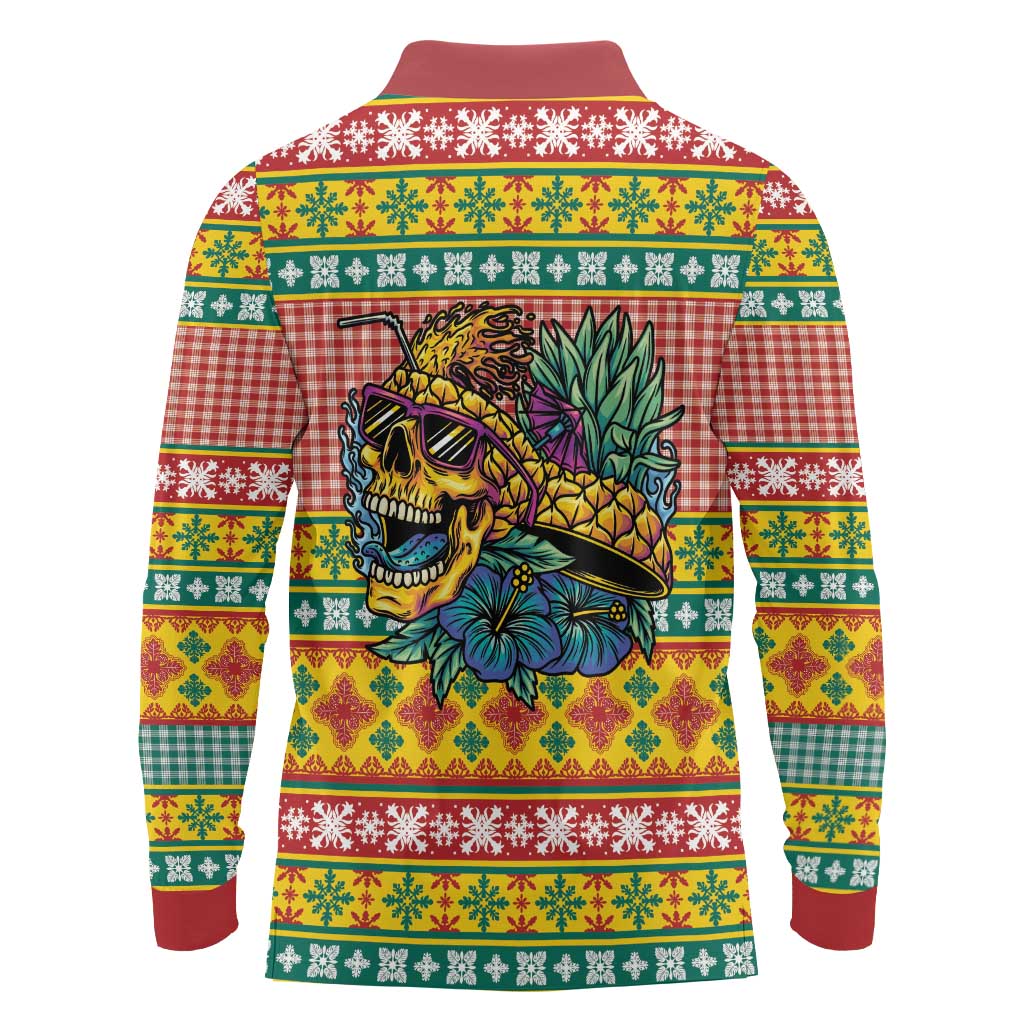 Hawaiian Pineapples Skull Long Sleeve Polo Shirt Mele Kalikimaka Palaka Quilt Pattern - Polynesian Pride