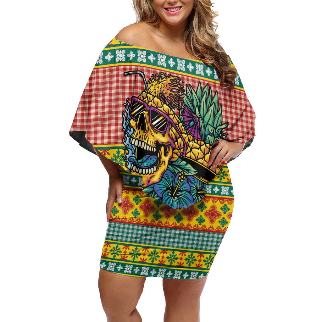 Hawaiian Pineapples Skull Off Shoulder Short Dress Mele Kalikimaka Palaka Quilt Pattern - Polynesian Pride