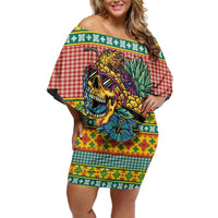 Hawaiian Pineapples Skull Off Shoulder Short Dress Mele Kalikimaka Palaka Quilt Pattern - Polynesian Pride