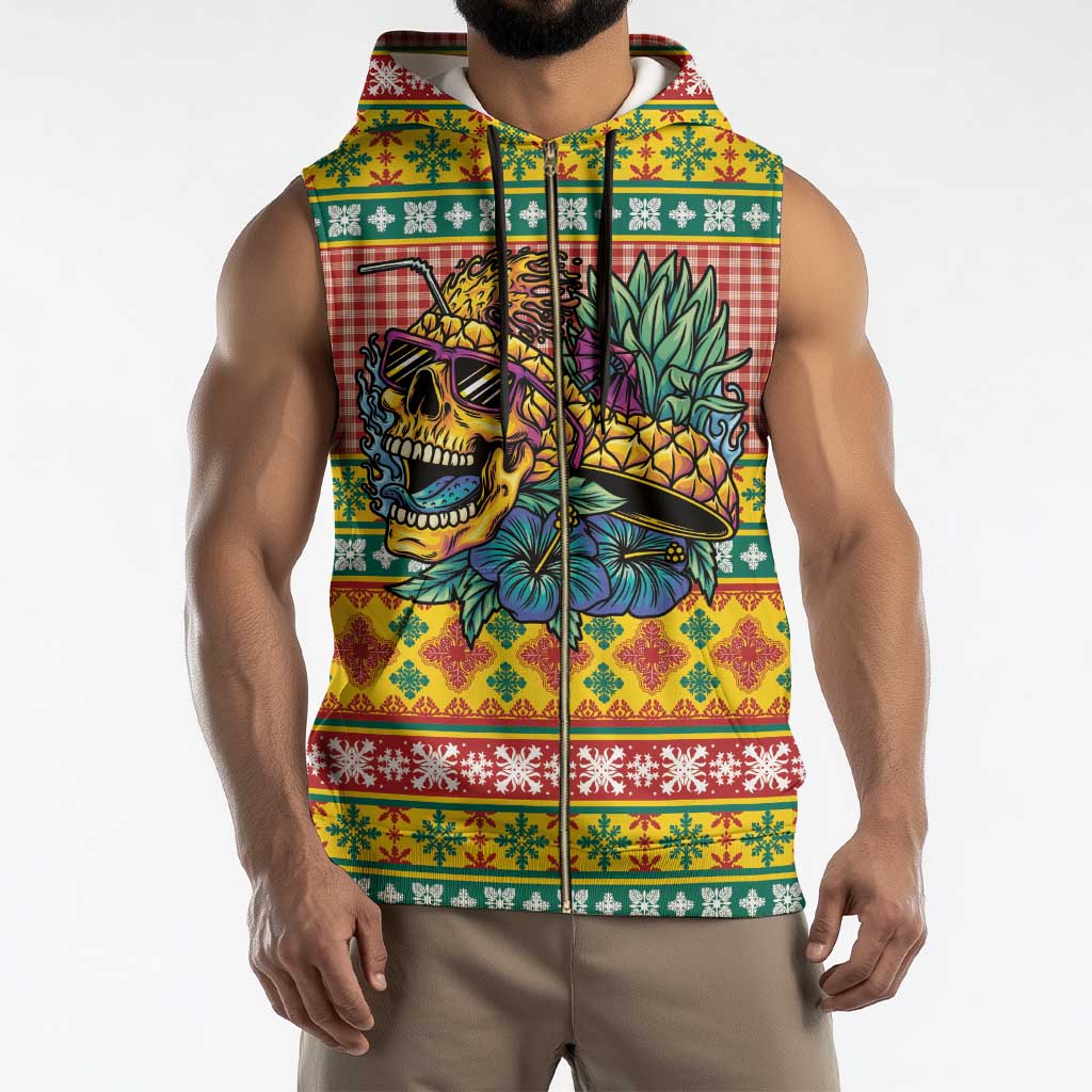 Hawaiian Pineapples Skull Sleeveless Zip Hoodie Mele Kalikimaka Palaka Quilt Pattern - Polynesian Pride