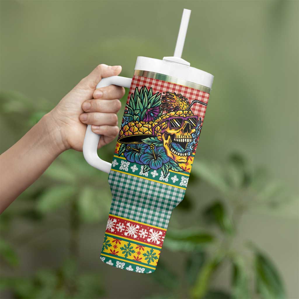 Hawaiian Pineapples Skull Tumbler With Handle Mele Kalikimaka Palaka Quilt Pattern - Polynesian Pride