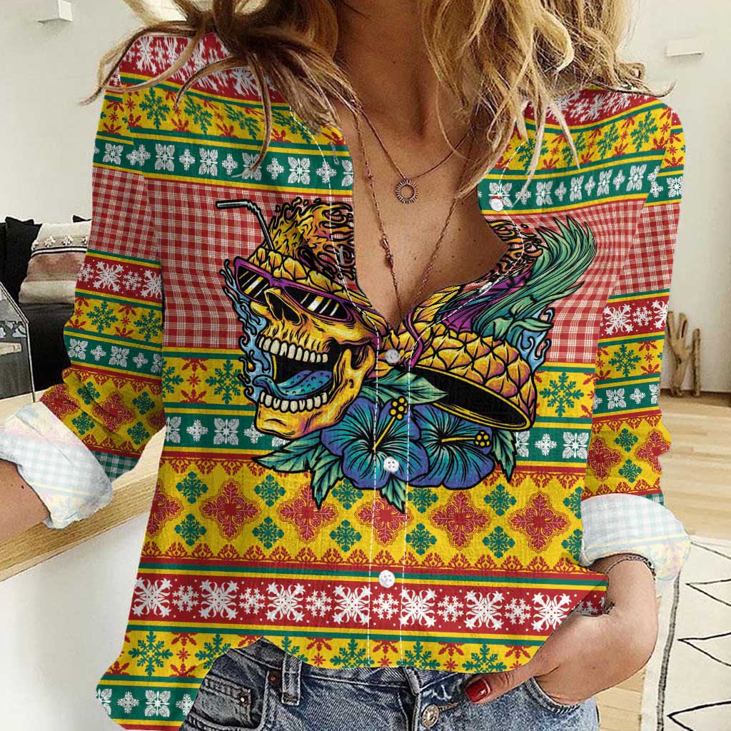 Hawaiian Pineapples Skull Women Casual Shirt Mele Kalikimaka Palaka Quilt Pattern - Polynesian Pride