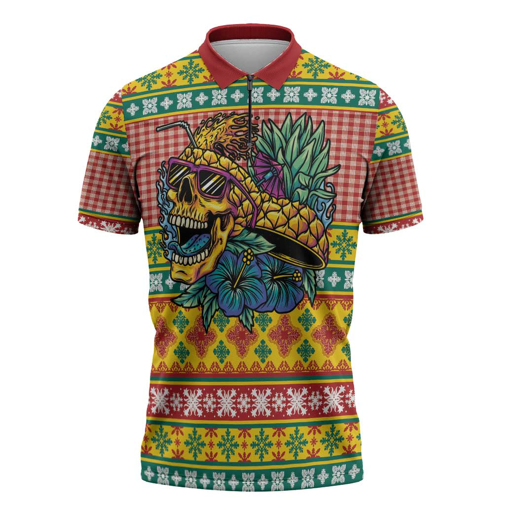 Hawaiian Pineapples Skull Zipper Polo Shirt Mele Kalikimaka Palaka Quilt Pattern - Polynesian Pride