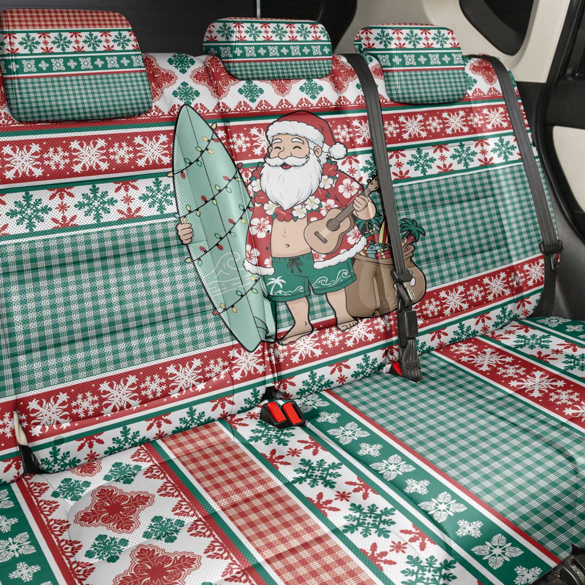 Hawaiian Funny Santa Surf Back Car Seat Cover Mele Kalikimaka Palaka Quilt Pattern - Polynesian Pride