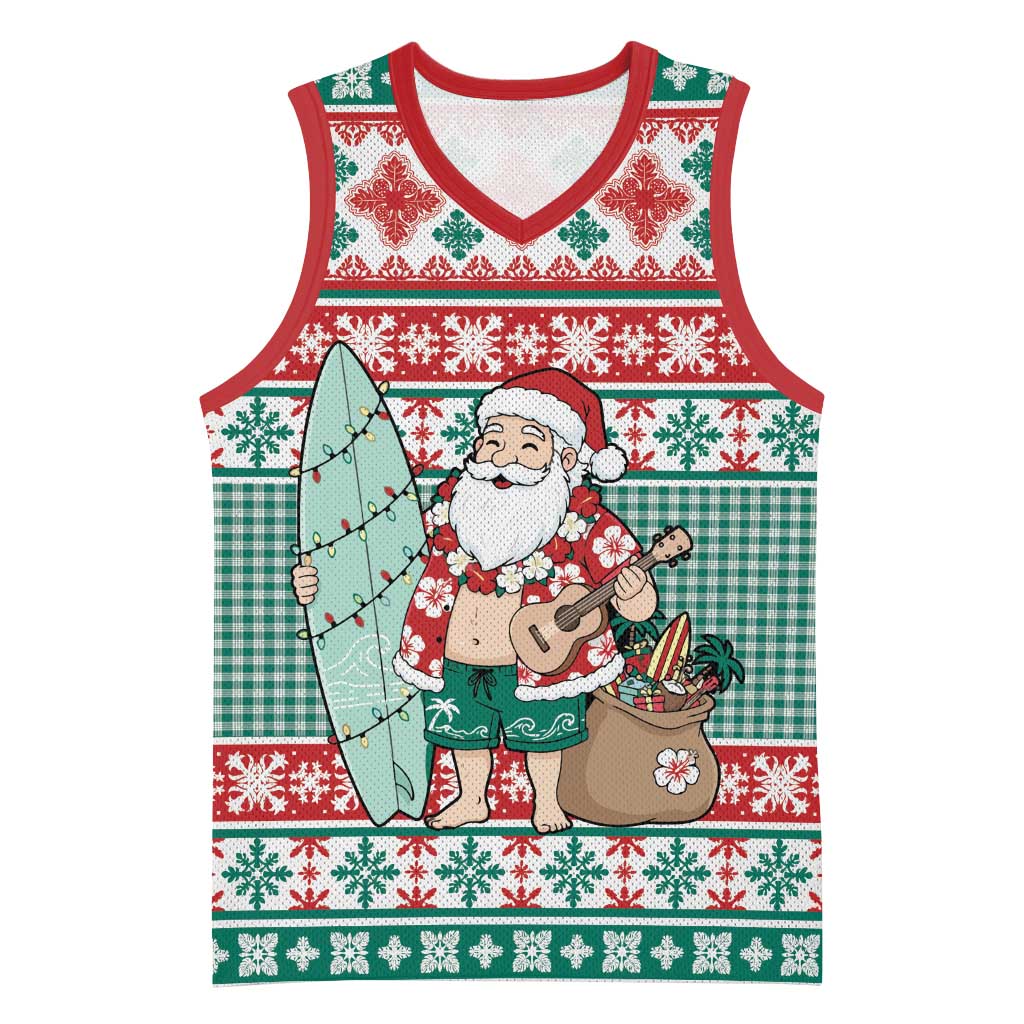 Hawaiian Funny Santa Surf Basketball Jersey Mele Kalikimaka Palaka Quilt Pattern LT9 Unisex Green - Polynesian Pride