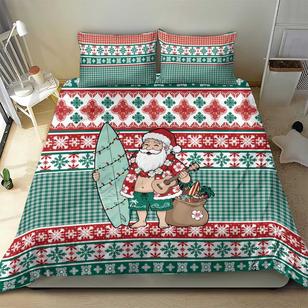Hawaiian Funny Santa Surf Bedding Set Mele Kalikimaka Palaka Quilt Pattern - Polynesian Pride