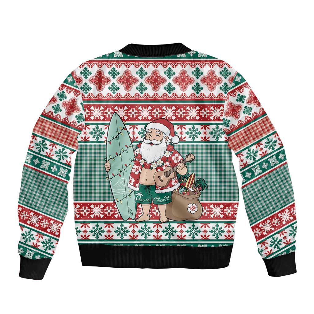 Hawaiian Funny Santa Surf Bomber Jacket Mele Kalikimaka Palaka Quilt Pattern - Polynesian Pride