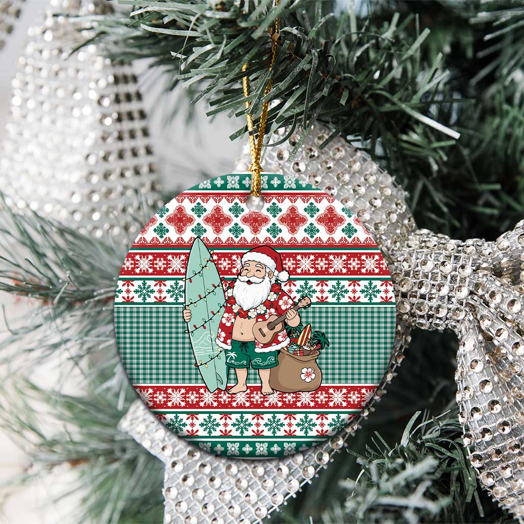 Hawaiian Funny Santa Surf Ceramic Ornament Mele Kalikimaka Palaka Quilt Pattern - Polynesian Pride