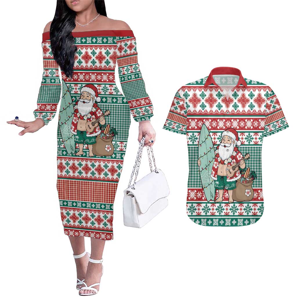 Hawaiian Funny Santa Surf Couples Matching Off The Shoulder Long Sleeve Dress and Hawaiian Shirt Mele Kalikimaka Palaka Quilt Pattern - Polynesian Pride