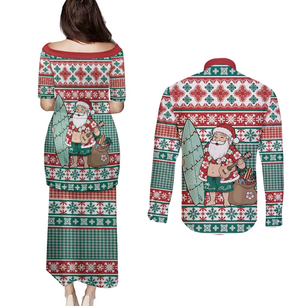Hawaiian Funny Santa Surf Couples Matching Puletasi and Long Sleeve Button Shirt Mele Kalikimaka Palaka Quilt Pattern - Polynesian Pride