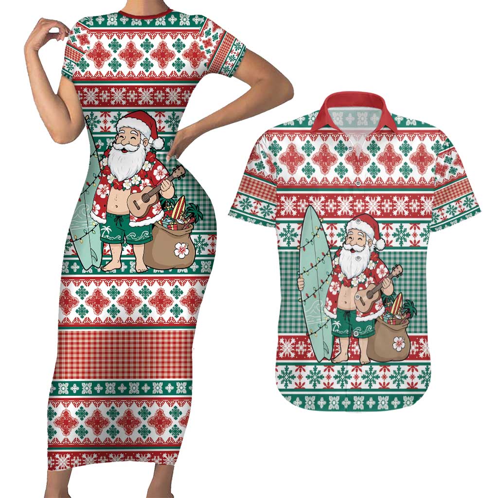 Hawaiian Funny Santa Surf Couples Matching Short Sleeve Bodycon Dress and Hawaiian Shirt Mele Kalikimaka Palaka Quilt Pattern - Polynesian Pride