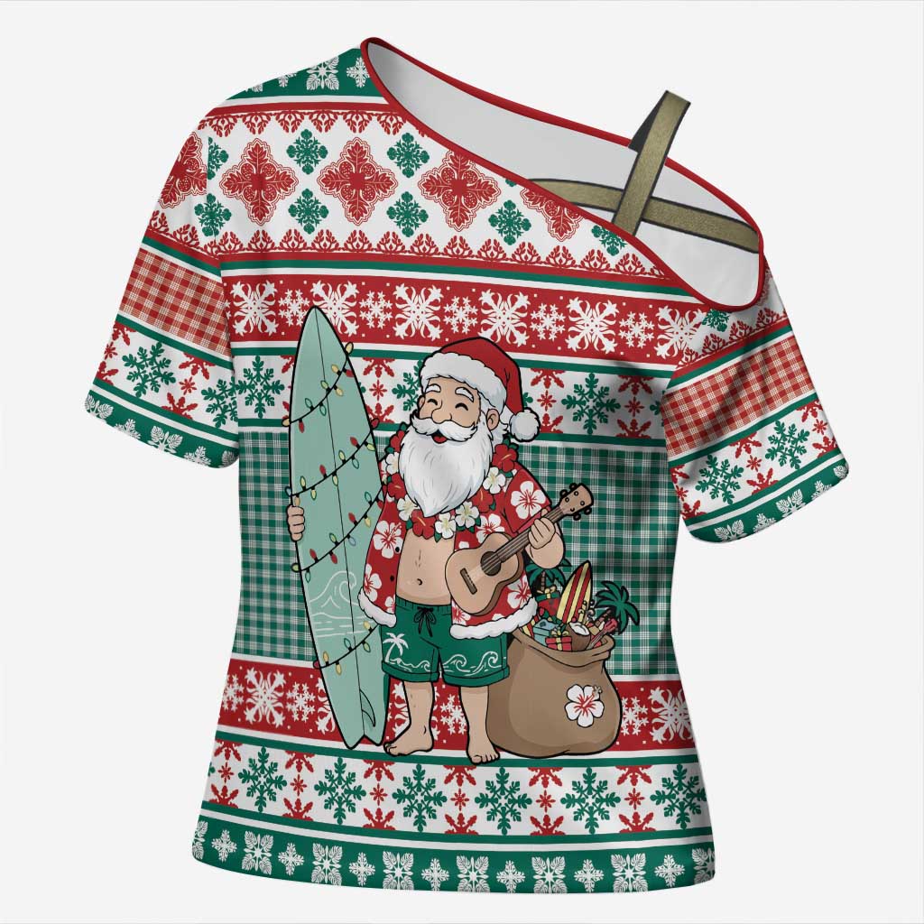 Hawaiian Funny Santa Surf Cross Shoulder Shirt Mele Kalikimaka Palaka Quilt Pattern LT9 Female Green - Polynesian Pride