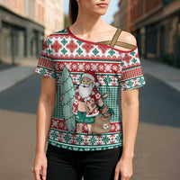 Hawaiian Funny Santa Surf Cross Shoulder Shirt Mele Kalikimaka Palaka Quilt Pattern - Polynesian Pride