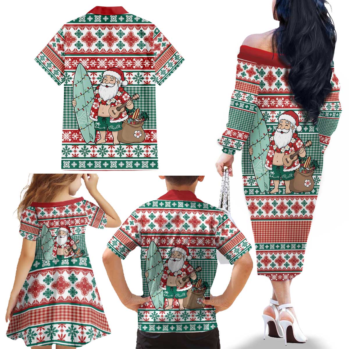 Hawaiian Funny Santa Surf Family Matching Off The Shoulder Long Sleeve Dress and Hawaiian Shirt Mele Kalikimaka Palaka Quilt Pattern - Polynesian Pride