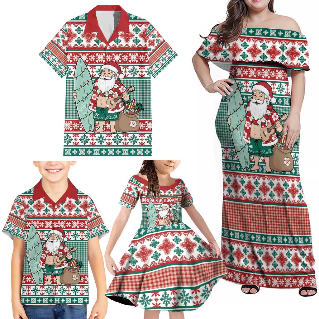 Hawaiian Funny Santa Surf Family Matching Off Shoulder Maxi Dress and Hawaiian Shirt Mele Kalikimaka Palaka Quilt Pattern - Polynesian Pride