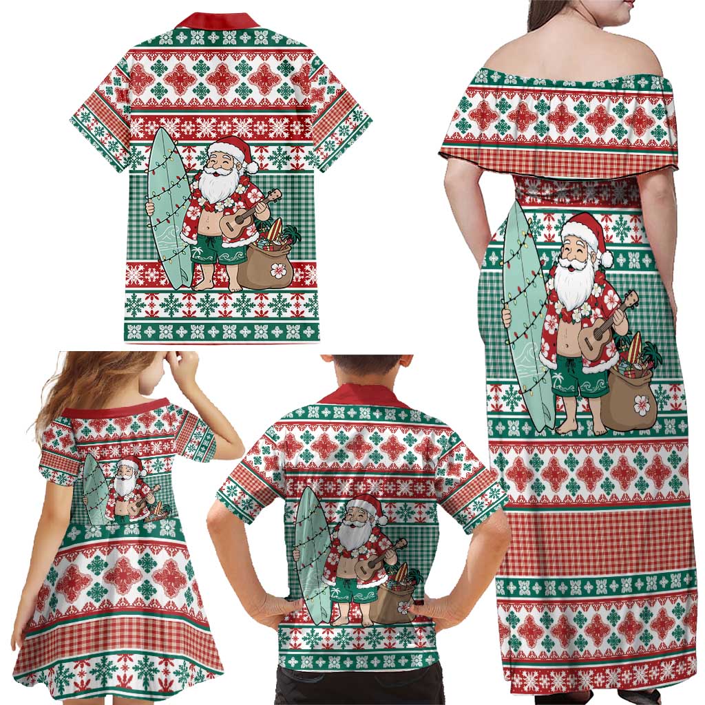 Hawaiian Funny Santa Surf Family Matching Off Shoulder Maxi Dress and Hawaiian Shirt Mele Kalikimaka Palaka Quilt Pattern - Polynesian Pride