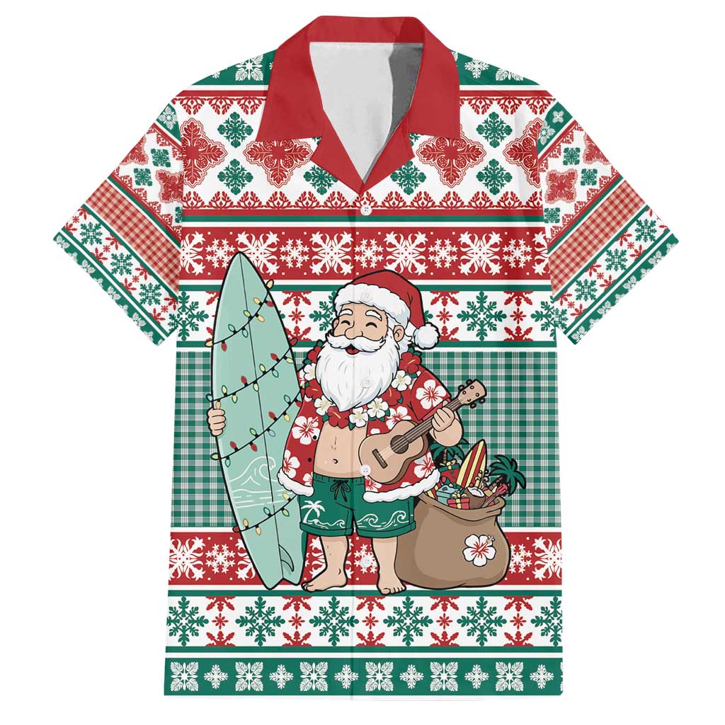 Hawaiian Funny Santa Surf Family Matching Off Shoulder Short Dress and Hawaiian Shirt Mele Kalikimaka Palaka Quilt Pattern - Polynesian Pride