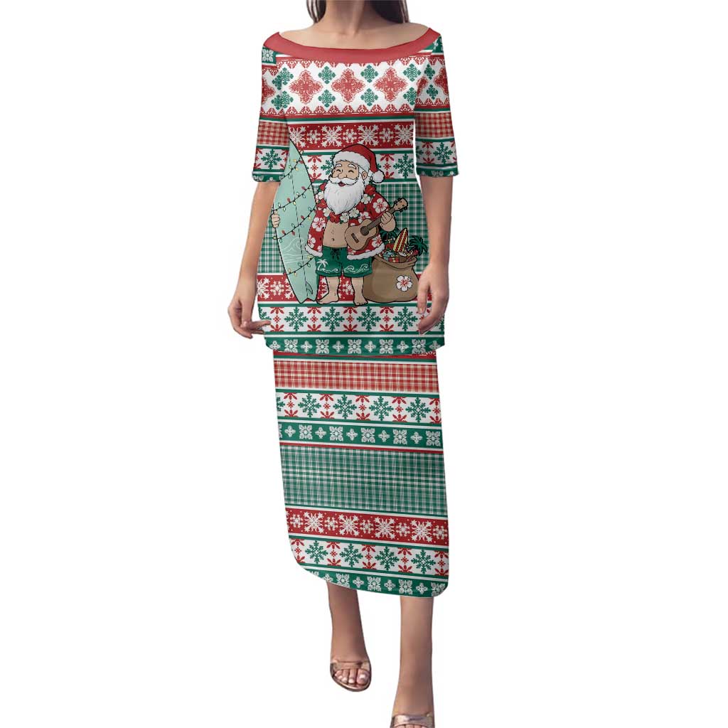 Hawaiian Funny Santa Surf Family Matching Puletasi and Hawaiian Shirt Mele Kalikimaka Palaka Quilt Pattern - Polynesian Pride