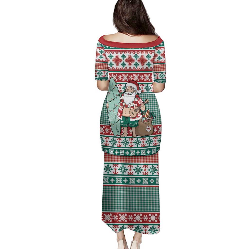 Hawaiian Funny Santa Surf Family Matching Puletasi and Hawaiian Shirt Mele Kalikimaka Palaka Quilt Pattern - Polynesian Pride