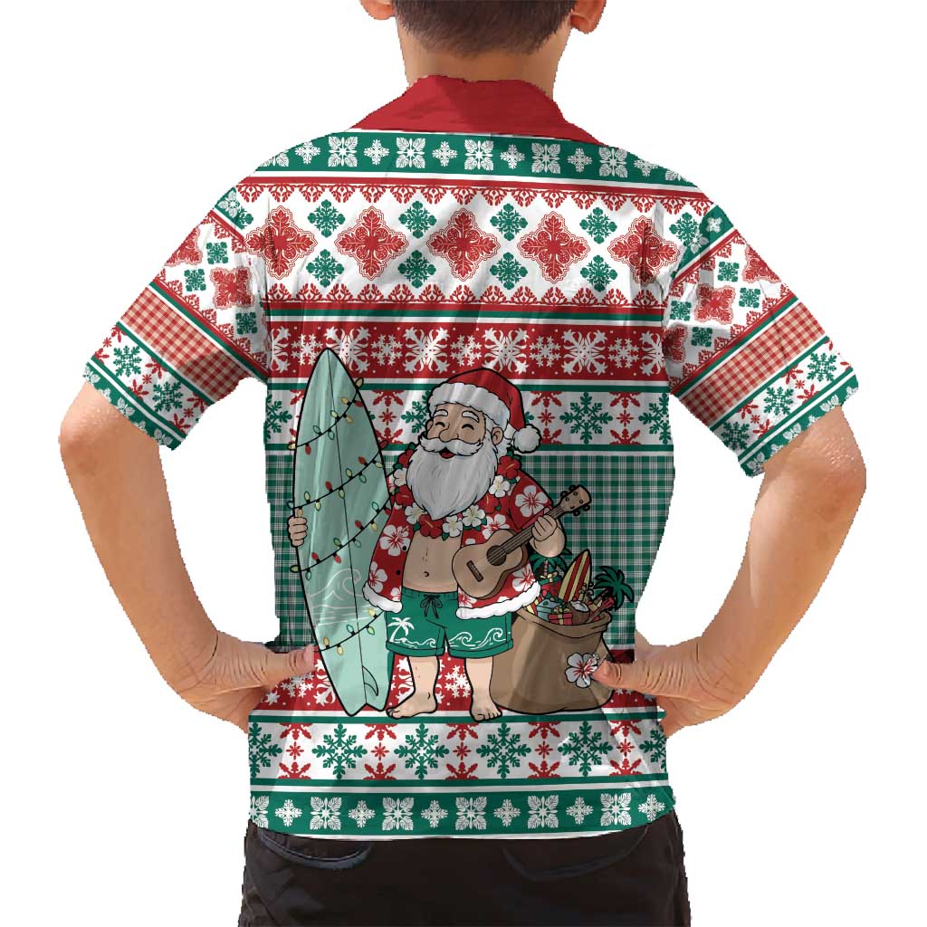 Hawaiian Funny Santa Surf Family Matching Tank Maxi Dress and Hawaiian Shirt Mele Kalikimaka Palaka Quilt Pattern - Polynesian Pride