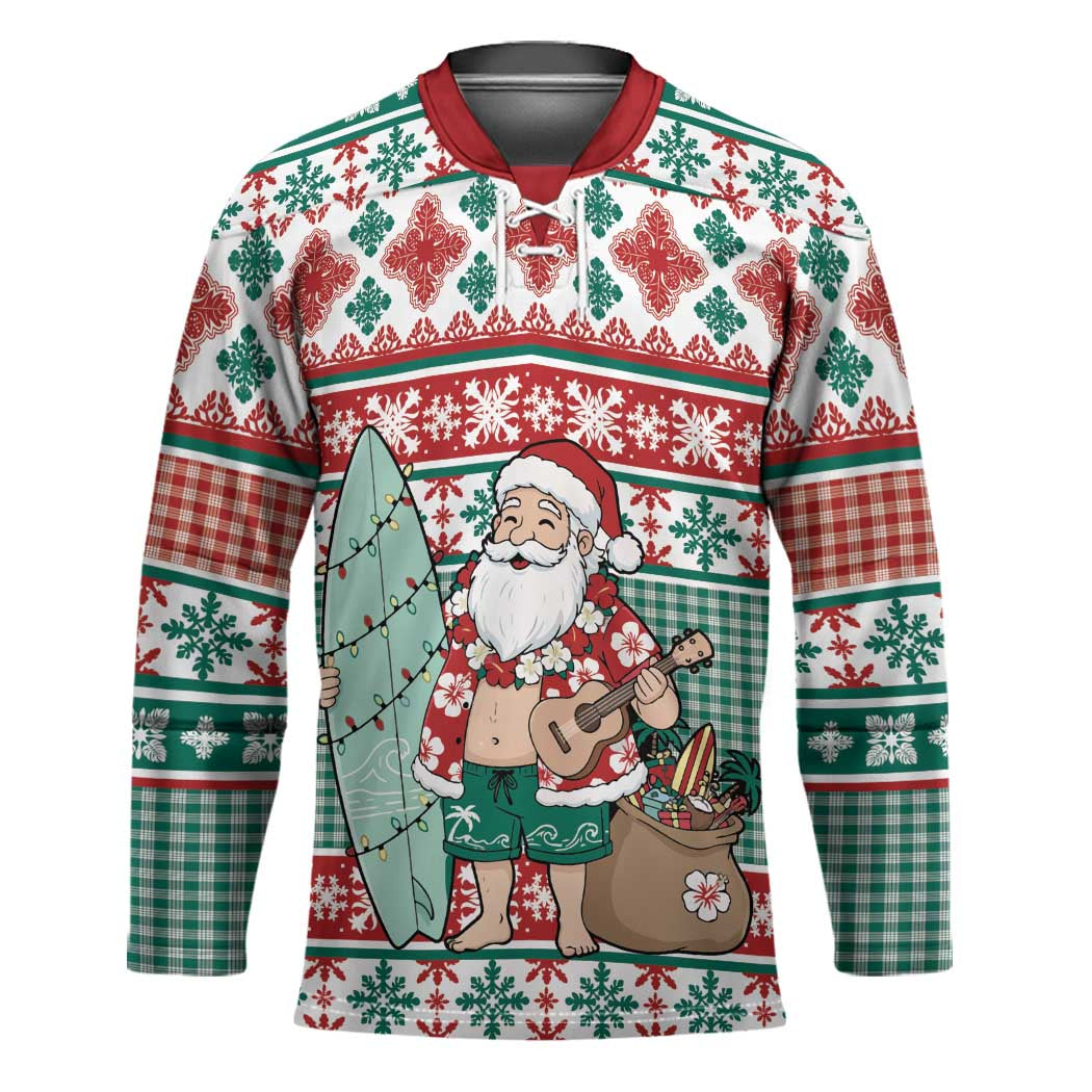 Hawaiian Funny Santa Surf Hockey Jersey Mele Kalikimaka Palaka Quilt Pattern LT9 Unisex Green - Polynesian Pride