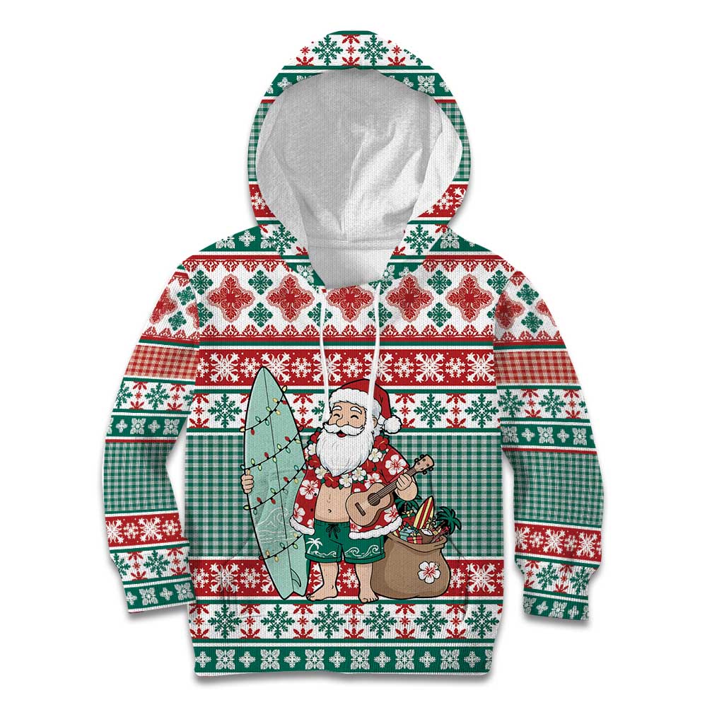 Hawaiian Funny Santa Surf Kid Hoodie Mele Kalikimaka Palaka Quilt Pattern - Polynesian Pride