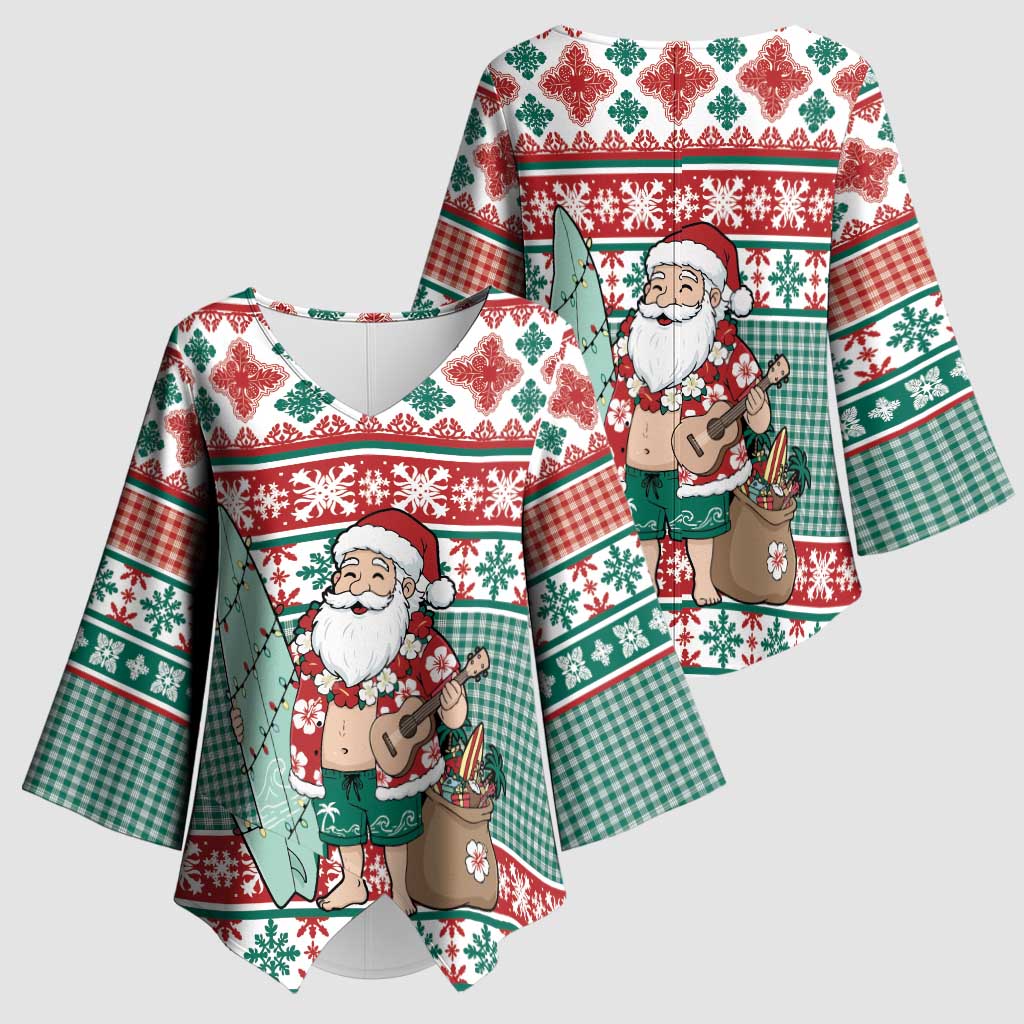 Hawaiian Funny Santa Surf Kimono Sleeve Blouse Mele Kalikimaka Palaka Quilt Pattern - Polynesian Pride