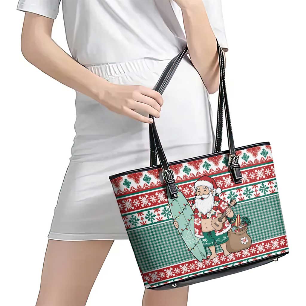 Hawaiian Funny Santa Surf Leather Tote Bag Mele Kalikimaka Palaka Quilt Pattern - Polynesian Pride