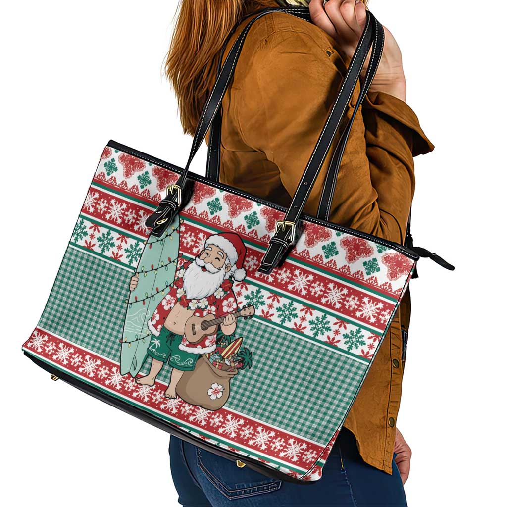 Hawaiian Funny Santa Surf Leather Tote Bag Mele Kalikimaka Palaka Quilt Pattern - Polynesian Pride