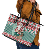 Hawaiian Funny Santa Surf Leather Tote Bag Mele Kalikimaka Palaka Quilt Pattern - Polynesian Pride
