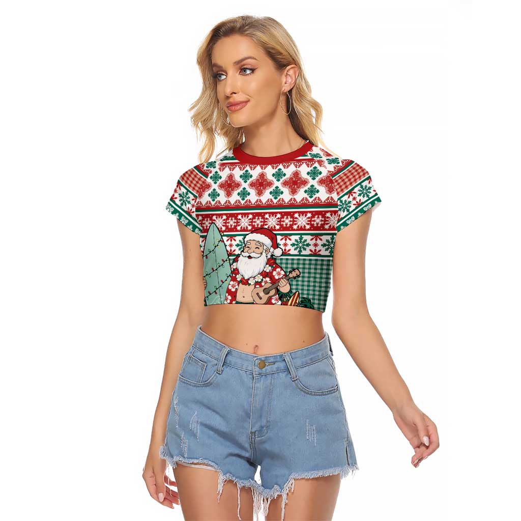 Hawaiian Funny Santa Surf Raglan Cropped T Shirt Mele Kalikimaka Palaka Quilt Pattern LT9 Female Green - Polynesian Pride
