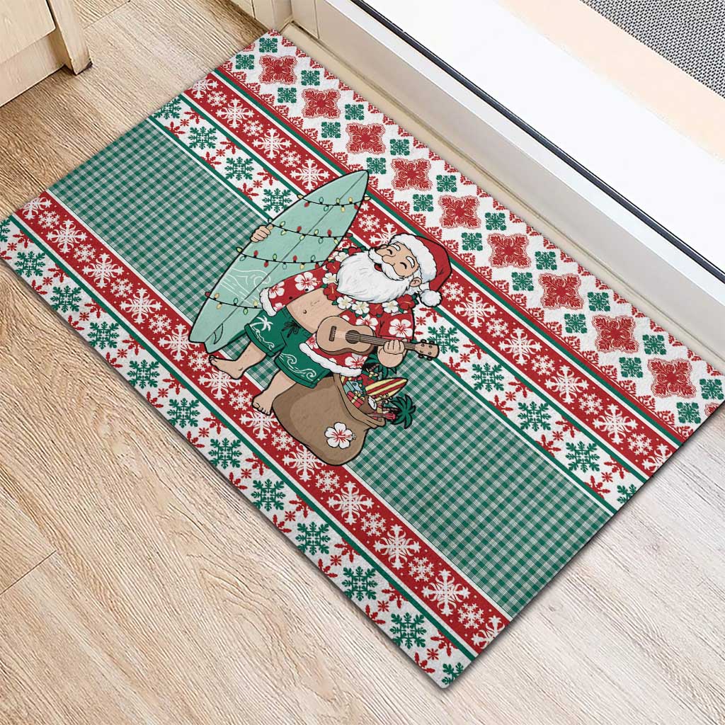 Hawaiian Funny Santa Surf Rubber Doormat Mele Kalikimaka Palaka Quilt Pattern - Polynesian Pride