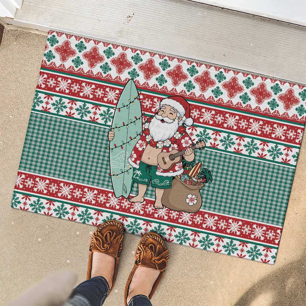 Hawaiian Funny Santa Surf Rubber Doormat Mele Kalikimaka Palaka Quilt Pattern - Polynesian Pride
