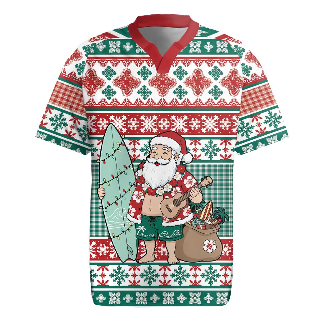 Hawaiian Funny Santa Surf Rugby Jersey Mele Kalikimaka Palaka Quilt Pattern LT9 Green - Polynesian Pride